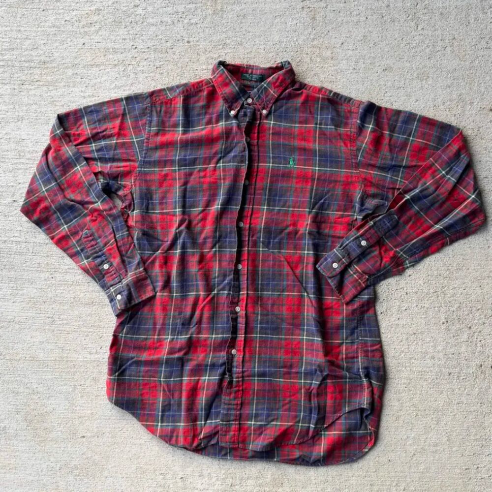 Vtg 80s Polo Ralph Lauren Green Tag Plaid Flannel Shirt Red Navy Size 20